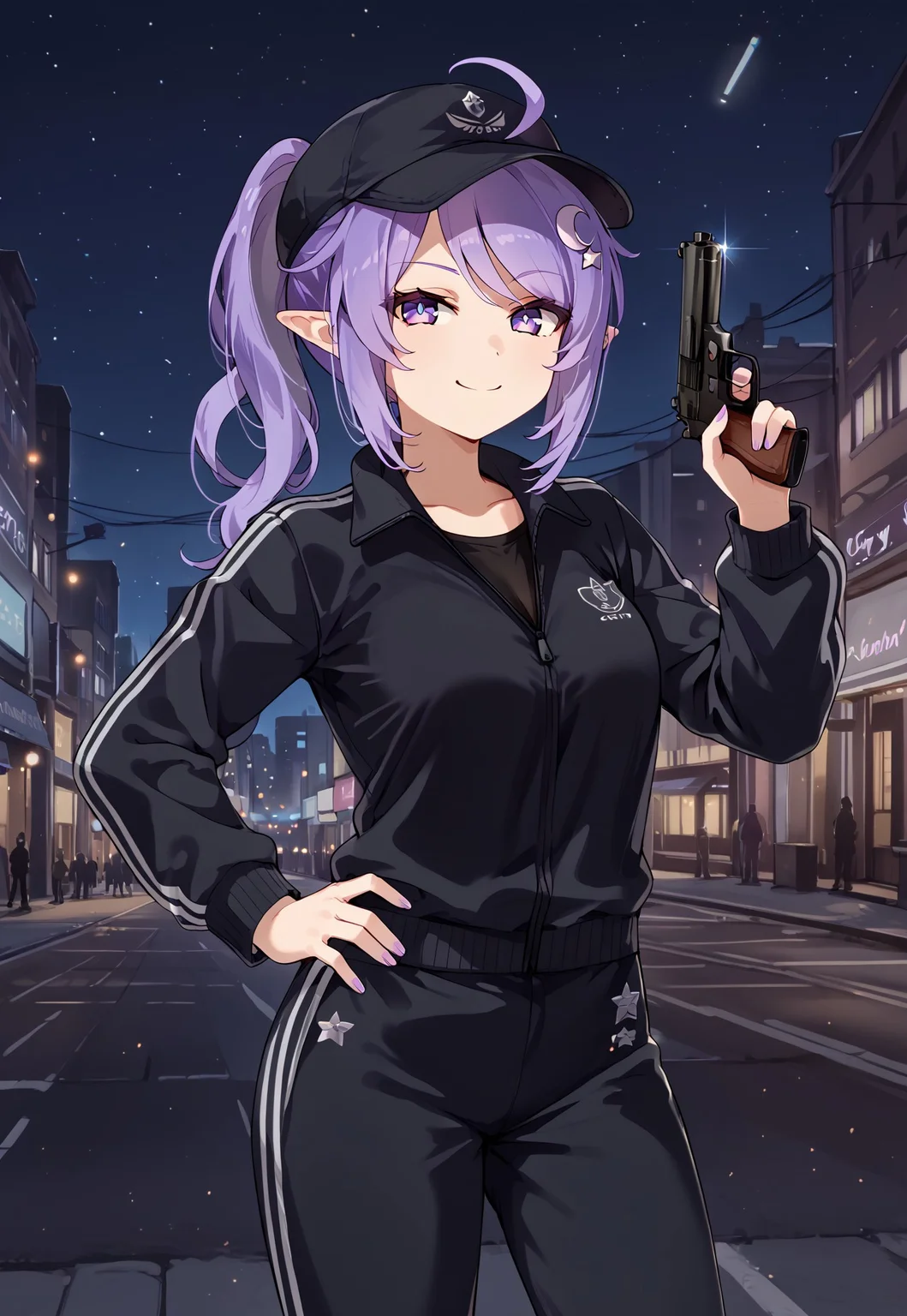 SleepyProject, track pants, track jacket, track suit, purple eyes, purple hair, ponytail, pointy ears, baseball cap, black jacket, black pants, ahoge, long sleeves, swept bangs,
looking at viewer, hand up, holding gun, handgun, m1911, smug, smile, hand on own hip,
street, lamppost, city, neon lights, dark, night, night sky,
1girl, solo, solo focus, highres, absurdres, light particles, backlighting, shade, lens flare, shiny skin, fine fabric emphasis,