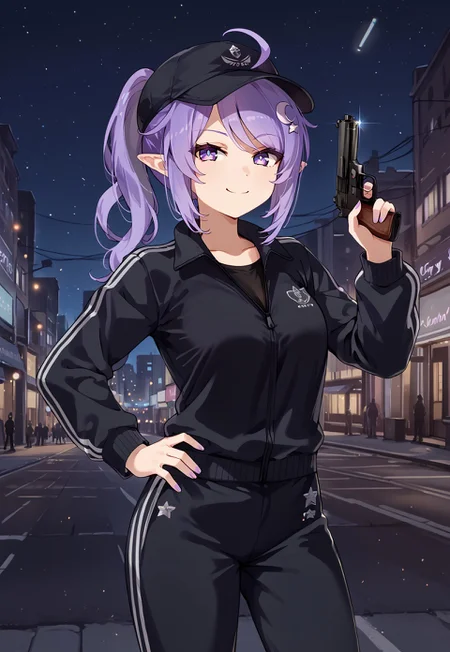 SleepyProject, track pants, track jacket, track suit, purple eyes, purple hair, ponytail, pointy ears, baseball cap, black jacket, black pants, ahoge, long sleeves, swept bangs,
looking at viewer, hand up, holding gun, handgun, m1911, smug, smile, hand on own hip,
street, lamppost, city, neon lights, dark, night, night sky,
1girl, solo, solo focus, highres, absurdres, light particles, backlighting, shade, lens flare, shiny skin, fine fabric emphasis,