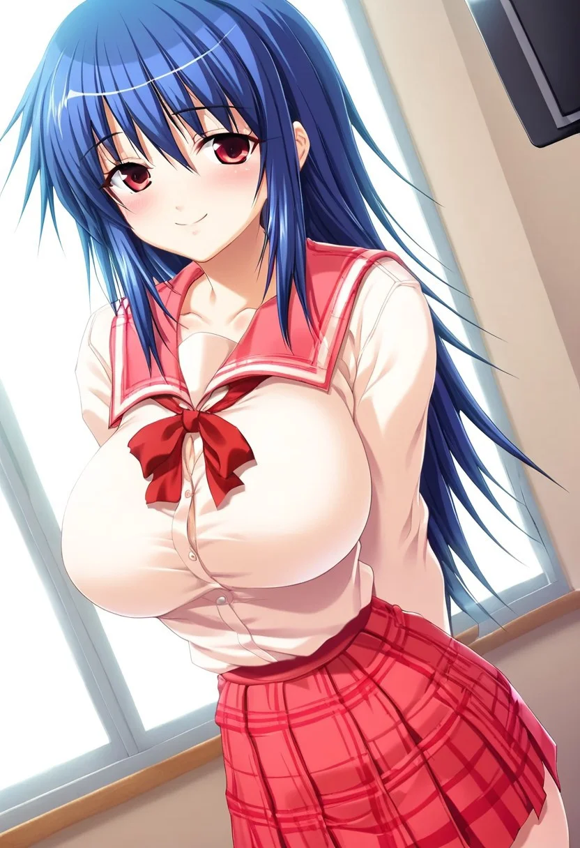 score_9, score_8_up, score_7_up, game_cg, best background, detailed background, long hair, garnet eyes, blue hair, red bow, red blouse, long sleeves, red uniform vest, school uniform, huge breasts, smile, shy expression, faint blush, looking at viewer, dynamic camera, hands, classroom background, dynamic camera, dutch angle, hands behind back,