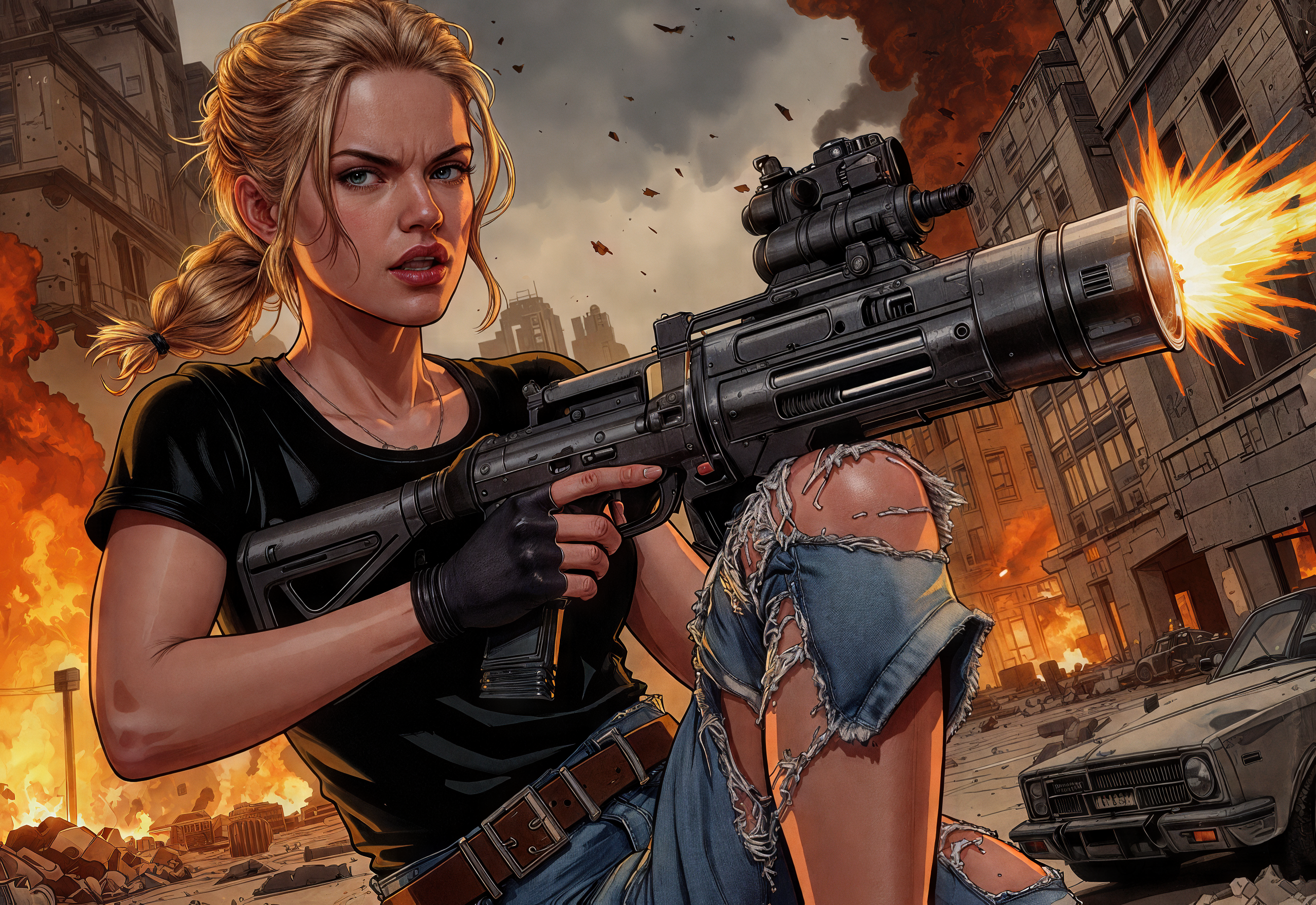 (hyper coherent image:1.4) (finely intricate details:1.4) an hyper-realistic comic illustraytion of the side view of an angry tankgirl woman in a black T-shirt and ripped jeans, expressing intense rage as she fires with a submachine gun. Her face, marked by determination, is illuminated by bursts of explosions in the background, creating a striking contrast with the dramatic shadows enveloping her body. Around her, concrete debris and shards of glass fly through the air, accentuating the intensity of the action. The scene is filled with black smoke, adding an ominous atmosphere, while neon lights emanate from a ruined building, offering a modern touch to the chaotic environment. The background is a devastated cityscape, reinforcing the sense of danger and conflict. The image should be comic-style, with bright colors and exaggerated features to accentuate the action. Use a hyper-realistic approach to capture every detail, such as the textures of his worn jeans and the metallic surface of the machine gun.  hyper-detailed, photorealistic and in 8k resolution,  perfect anatomy.â<lora:flux_tank_girl_rank16_bf16-step03000:0.5>