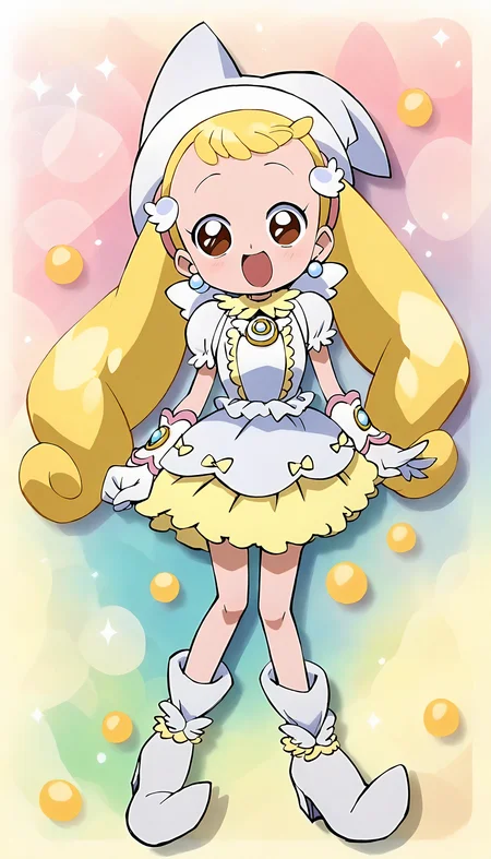 anime artwork of score 9,score_8_up,score_7_up,source_anime,masterpiece,best quality,(parody:1),(official art:1),
BREAK
(makihatayama hana:1),1girl,twintails,blonde hair,brown eyes,ornament,hairband,solo,
BREAK
(hanawitch:1),magical girl,(yellow frills:1.5),jewelry,(white boots:1.2),earrings,skirt,witch hat,dress,white footwear,(wing ornament:1.5),hairclip,white gloves,puffy sleeves,
BREAK
smile,cute pose,(magical background:1.2),abstract background,
<lora:hana_makihatayama_xl_for_pony_xl_v01:1>,
