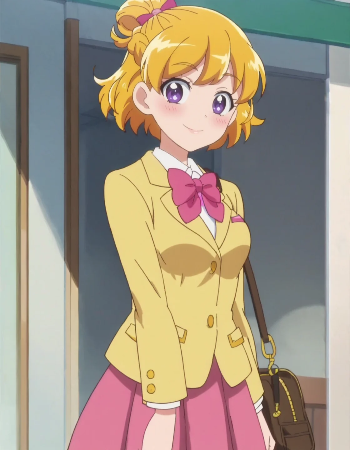 score_9, score_8_up, score_7_up, anime screencap, solo,1girl,asahinamirai, purple eyes,blonde hair,pink bow,school uniform, yellow blazer,  pink skirt, bow,cowboy shot,smile,blush,looking at viewer,medium breasts<lora:asahinamirai:0.8>