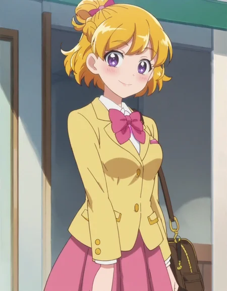 score_9, score_8_up, score_7_up, anime screencap, solo,1girl,asahinamirai, purple eyes,blonde hair,pink bow,school uniform, yellow blazer, pink skirt, bow,cowboy shot,smile,blush,looking at viewer,medium breasts<lora:asahinamirai:0.8>