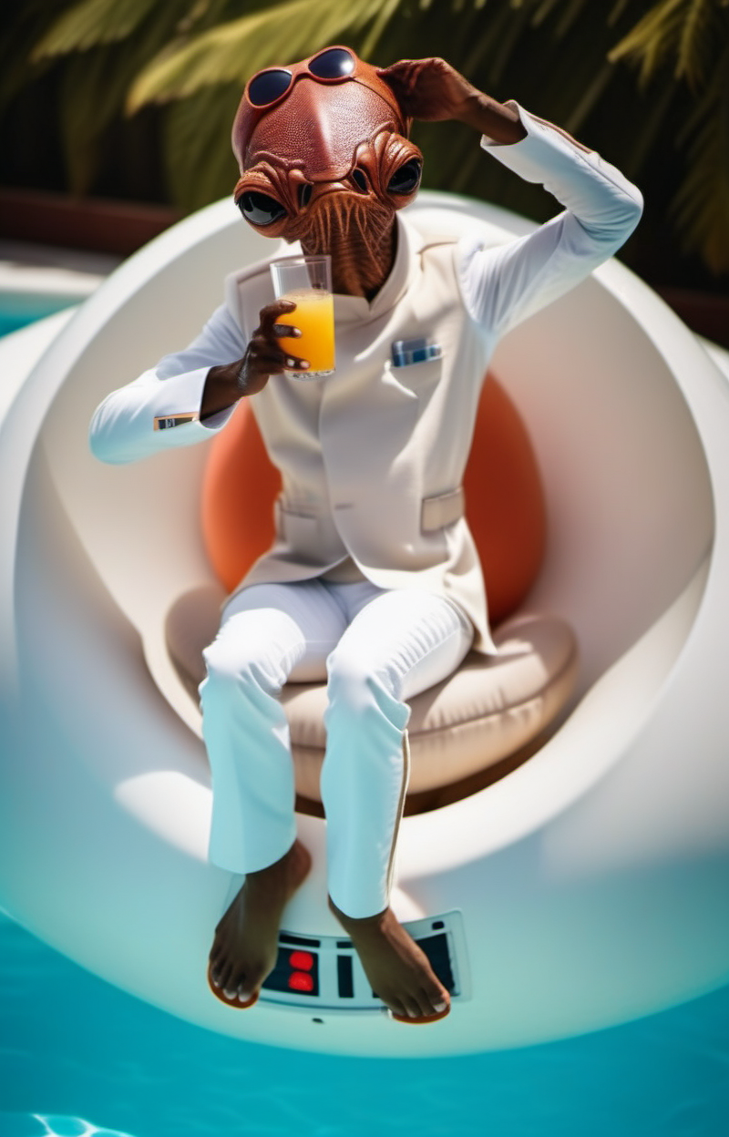 cinematic photo an brown skin alien with a strange looking face, star wars, white suit, 
in a swimming pool on a buoy drinking a cocktail, sunglasses on my head <lora:AmiralAckbar1024:0.9> . 35mm photograph, film, bokeh, professional, 4k, highly detailed