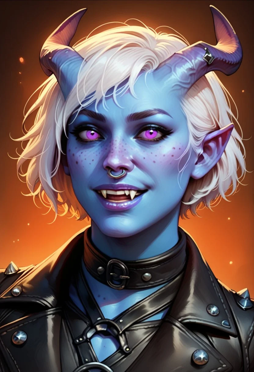 score_9, score_8_up, score_7_up, score_6_up, score_5_up, score_4_up, 1girl, tiefling, blue skin, white hair, shaggy bob haircut, slender, flat chest, studded straps, nose ring, fangs, blue freckles, blue lips, purple eyes, leather vest, hood,