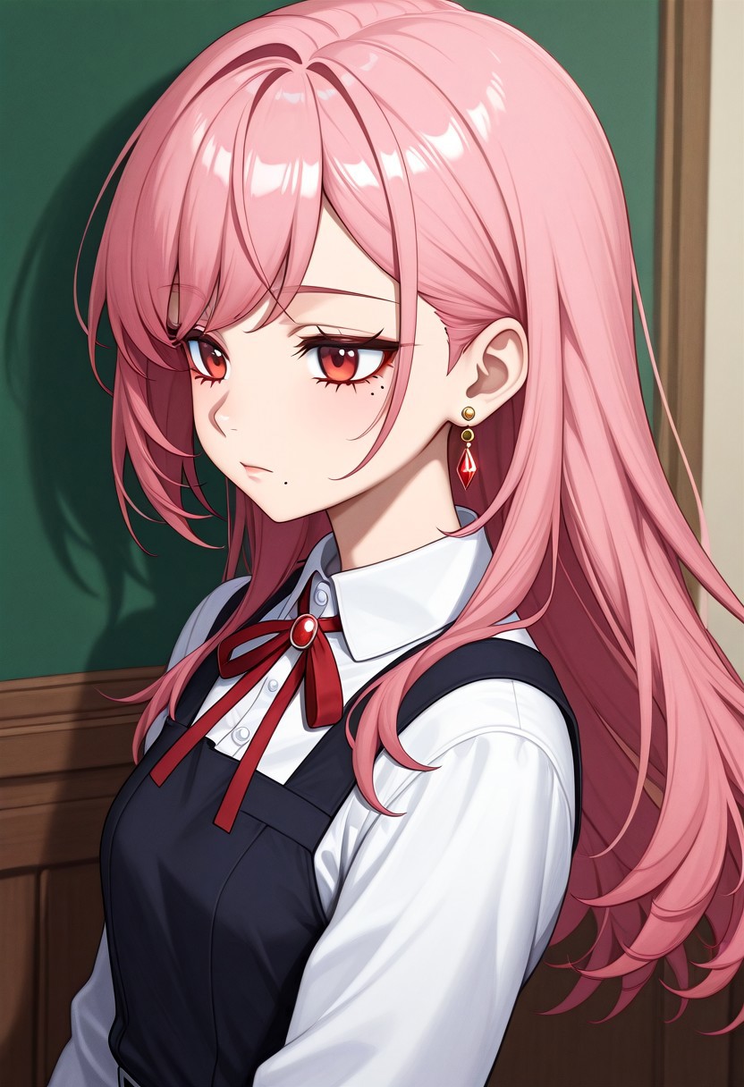 soumakira, painterly, detailed background, solo, anime coloring, indoors, 1girl, red eyes, jewelry, earrings, expressionless, closed mouth, pink hair, red eyes, school uniform, pinafore dress, white shirt, neck ribbon, mole under eye, mole under mouth