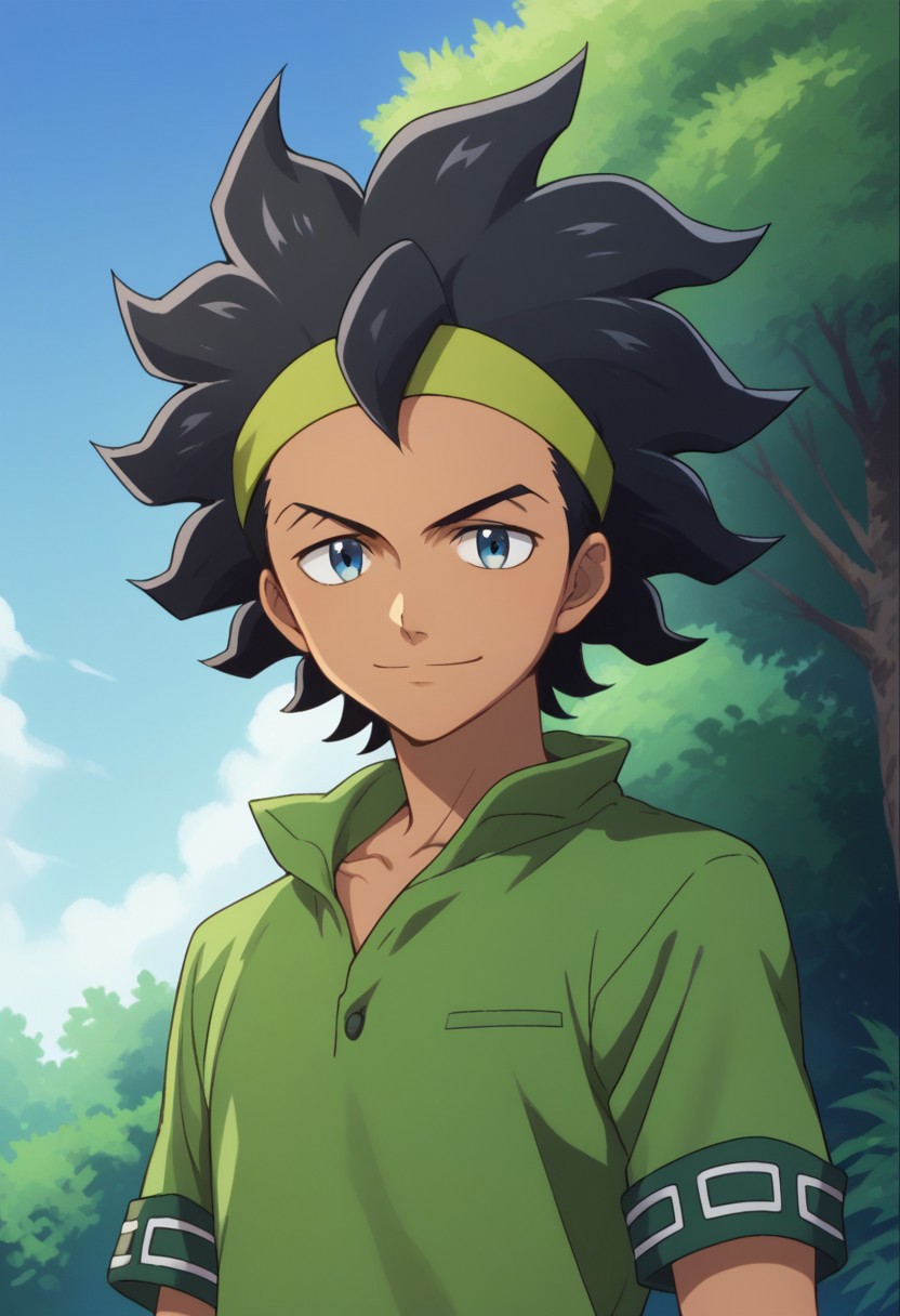 score_9, score_8_up, score_7_up, source_anime, highly detailed, 
kurama, 1boy, solo, male focus, black hair, dark skin, dark-skinned male, looking at viewer, standing, headband, short sleeves,  blue eyes, shirt, smile, green shirt, bracelet, upper body
outdoor, sky, tree