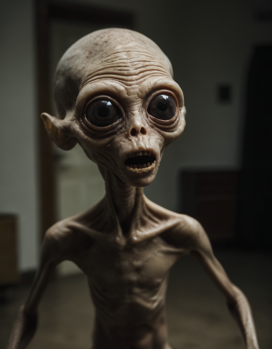 A cinematic shot of a (deformed alien creature:1.3) with (horror movie ambiance:1.2), spine-chilling features, dark surroundings, (eerie lighting:1.1), grotesque details, otherworldly presence, HD clarity, Himax quality, unsettling aura, dramatic shadows, suspenseful atmosphere, professional grade,