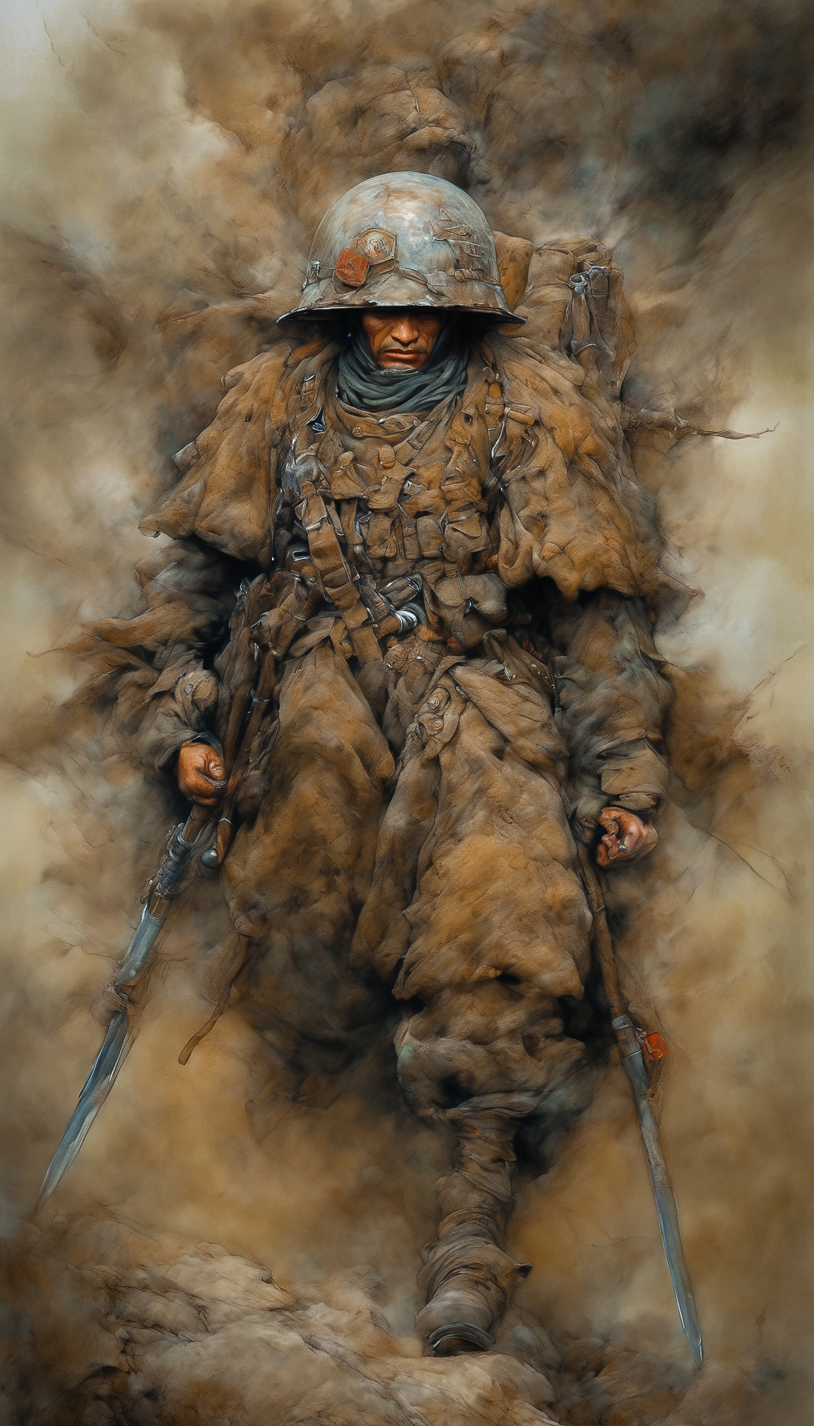 Drawing inspiration from modern masters like Yoshitaka Amano,Range Murata,Katsuya Terada, the artwork should encapsulate As unyielding rain turns into shimmering medals and handwritten notes, soldiers find shelter in the trenches, their expressions a mix of resilience and nostalgia, their uniforms soaking with both water and memories. while emphasizing elements of deep digital painting layers
