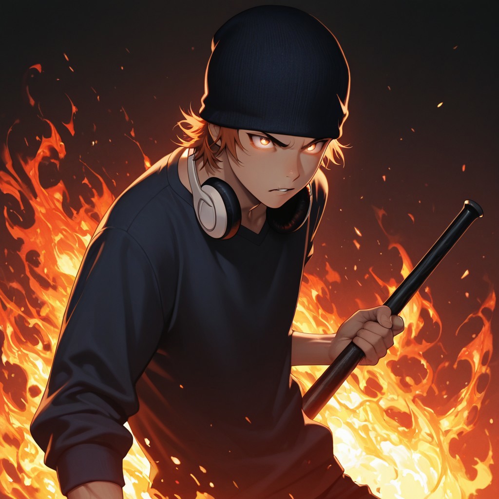 masterpiece, best quality, amazing quality, absurdres, newest, detailed background, definition so sharp, Ultra-HD, 8K cinematic, very awa, impressionate, amazing quality, highres, 
solo, male focus, manly, 
1boy, short hair, beanie, headphone around neck, misaki_orange hair, misaki_brown eyes, misakiyata, holding bat, flames \(effect\), glowing eyes, low angle, dramatic lighting, intense, passionate, dynamic, youthful strength, striking a pose, determined expression,
