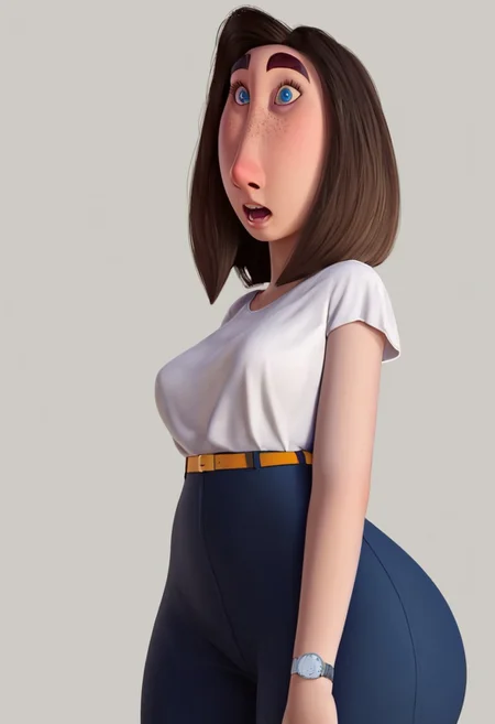sarah (meetmyfamily), 1girl, long face, blue eyes, thick eyebrows, freckles, brown hair, medium hair, bob cut, white tucked in shirt, short sleeves, yellow belt, tight blue jeans, black high-heels, grey wristwatch, curvy, wide hips, thick thighs, score_8_up, score_7_up, BREAK, 1girl, solo, closeup, fear, opened mouth, wide eyed, realistic, 3d, portrait