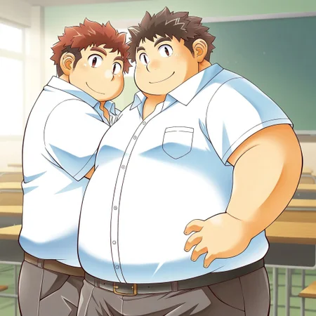 male, 2boys, 2boy, multiple characters, 
BREAK masterpiece hi res, best quality, very detailed, highly detailed texture, score_9, score_8_up, score_7_up, score_6_up,  
BREAK Expressive, cute expressive face,   
BREAK anime coloring, detailed anime shading, eyeshd, anime eyes, anime hair, human, chubby, masculine, large pectorals, moobs, broad shoulders, round face, cherubic, bara, fat, chubby, moobs, chubby cheeks, chubby face, short male, showing off chubby body, 
BREAK (1boy, Ryota, red short hair, hedgehog hair, thick red eyebrows, red eyes, fat face, belly),
BREAK (1boy, chubbyprotagonist, housamo, chubby, spikey hair, anime hair, brown hair, brown eyes, fat face),
BREAK short-sleeved white button shirt, dark grey pants, black belt, japanese clothing, school uniform, BREAK school background, sunny day
BREAK laughing, 1boy hugging the other boy and pressing bodies together, boys hugging, side hug, looking at viewer