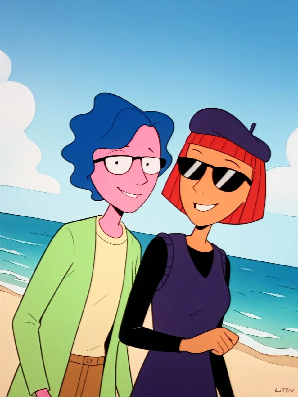 PonyXLV6_Scores, 2girls, family portrait, cowboy shot, looking at viewer, faint smile, closed mouth, arm around back, simple sky background,
2girls, <lora:mrsFunnieTV_PDXL:0.8> mrsFunnieTV, pink skin, blue hair, half-rim glasses, yellow t-shirt, green cardigan, brown pants,
2girls, <lora:judyTV_PDXL:0.8> judyTV, tan skin, red hair, short hair bob, sunglasses, beret, black bodysuit, purple sweater dress,