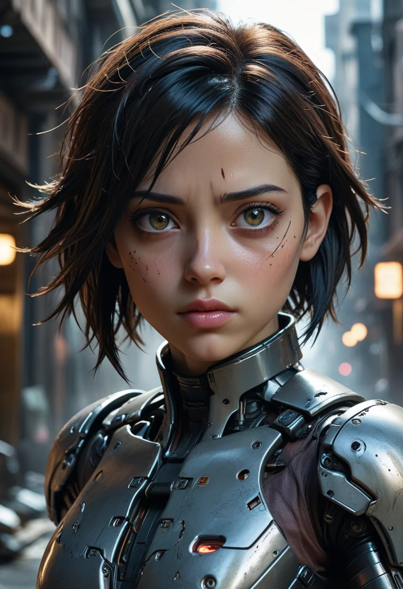 cinematic film still cybernetic robot gritty world of Battle Angel, cyborg Alita, cowboy shot, natural human skin, inner glow, night, dark alleyway, petite athletic figure, determined confident expression, cool composure reveals the essence of Alita's unwavering spirit, oversized highly detailed eyes. Styles of Jay Anacleto, Kelly Sue DeConnick, and Siya Oum,
<lora:sdxl_lightning_8step_lora:1.0>. android, AI, machine, metal, wires, tech, futuristic, highly detailed, . shallow depth of field, vignette, highly detailed, high budget, bokeh, cinemascope, moody, epic, gorgeous, film grain, grainy