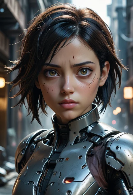 cinematic film still cybernetic robot gritty world of Battle Angel, cyborg Alita, cowboy shot, natural human skin, inner glow, night, dark alleyway, petite athletic figure, determined confident expression, cool composure reveals the essence of Alita's unwavering spirit, oversized highly detailed eyes. Styles of Jay Anacleto, Kelly Sue DeConnick, and Siya Oum,
<lora:sdxl_lightning_8step_lora:1.0>. android, AI, machine, metal, wires, tech, futuristic, highly detailed, . shallow depth of field, vignette, highly detailed, high budget, bokeh, cinemascope, moody, epic, gorgeous, film grain, grainy
