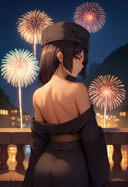 score_9, score_8_up, score_7_up, source_anime, from behind, solo, 1girl, witherskeleton, dark skin, expressionless, looking back, hat, black kimono, off shoulder, bare shoulders, fireworks <lora:mobtalker_witherskeleton_ponyXL-000011:1>