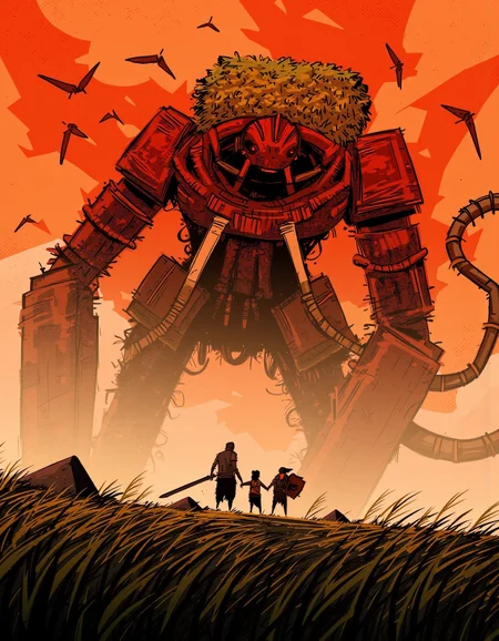 By Alex Vede. A digital illustration shoot from the front about a giant robot towering over two silhouetted figures, set against an orange sunset backdrop with birds flying in the sky. the scene is set in a grassy field, with a large, imposing, red-skinned robot in the foreground, surrounded by smaller, more menacing figures. the robot has a large head covered in green grass and a menacing expression, while the two figures, a man and a woman, are standing in front of it, facing away from the viewer. the man is holding a sword and the woman is standing close to him, both with their backs to the viewer, both holding swords in their hands. the overall style is reminiscent of sci-fi and fantasy art, with bold lines and vibrant colors that bring the scene to life.
solo, 2girls, holding hands, standing, tail, weapon, outdoors, sky, bird, sword, shadow, holding sword, orange sky, grass, giant, shadow fight