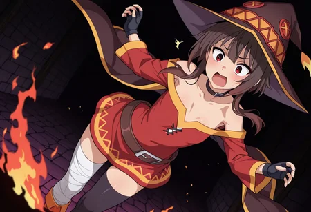 Masterpiece, best quality, ultra-detailed, dynamic angle, dynamic composition, vibrant colors, high contrast, thick lines, strong shadows, saturated colors,1girl,solo,
megumin, red eyes, brown hair, short hair with long locks,
witch hat, red dress, short dress, off-shoulder dress, collarbone, choker, black thighhighs, belt, bandaged leg, single thighhigh, cape, fingerless gloves, mismatched legwear, asymmetrical legwear,
inside a dungeon, (((dark corridors))), darkness, stony, surprised, scared, uncontrolled fire, burning clothes, fire on clothes, burning, catching fire,
