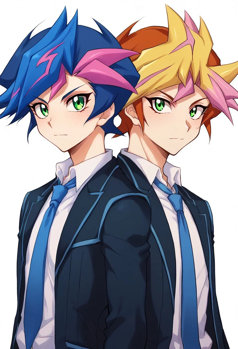 score_9, score_8_up, score_7_up, source_anime, highly detailed, 2boys,
yusaku, 1boy, male focus, multicolored hair, green eyes, spiked hair, blonde hair, looking at viewer, closed mouth, dyed bangs, playmaker outfit, BREAK
yusaku, 1boy, male focus, necktie, school uniform, green eyes, multicolored hair, blue hair, two-tone hair, pink hair, blue necktie, blazer, shirt, white shirt, collared shirt, BREAK
outdoor, virtual reality, neon, upper body