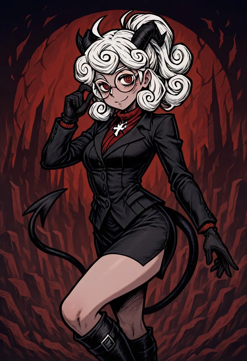 masterpiece, best quality, newest, absurdres, highres, NFCV1.0,
1girl, pandemonica (helltaker), demon girl, horns, black horns, white hair, knee boots, gloves, demon tail, demon horns, black jacket, curly hair, glasses, round glasses, round eyewaer,