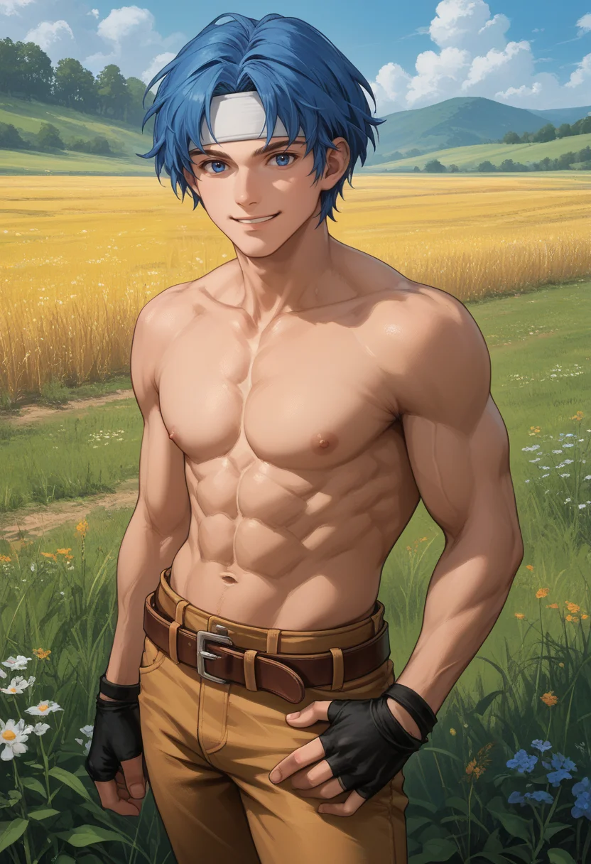 score_9, score_8_up, score_7_up, source_anime, BREAK, solo, 1boy, smile, looking at viewer, <lora:Ronan-pdxl_Fp:1>, ronanfe5, blue hair, blue eyes, short hair, headband, fingerless gloves, brown pants, belt, outdoors, field, muscular, topless male,