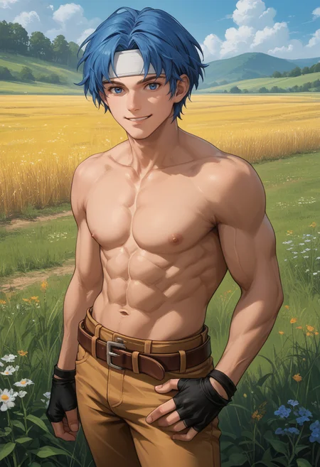 score_9, score_8_up, score_7_up, source_anime, BREAK, solo, 1boy, smile, looking at viewer, <lora:Ronan-pdxl_Fp:1>, ronanfe5, blue hair, blue eyes, short hair, headband, fingerless gloves, brown pants, belt, outdoors, field, muscular, topless male,