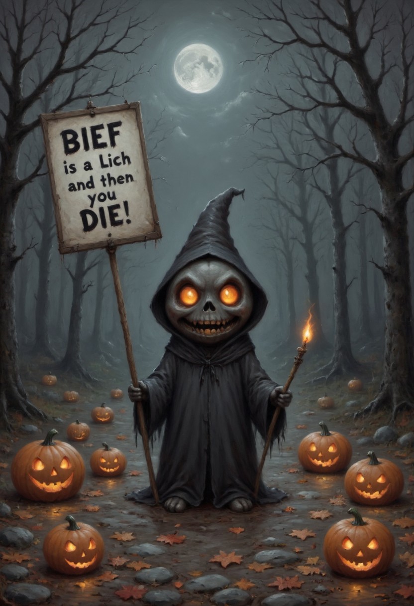 *boo* *spooky* *scary*
A *boo* holding a sign that reads 'Bief is a lich, and then you die!'