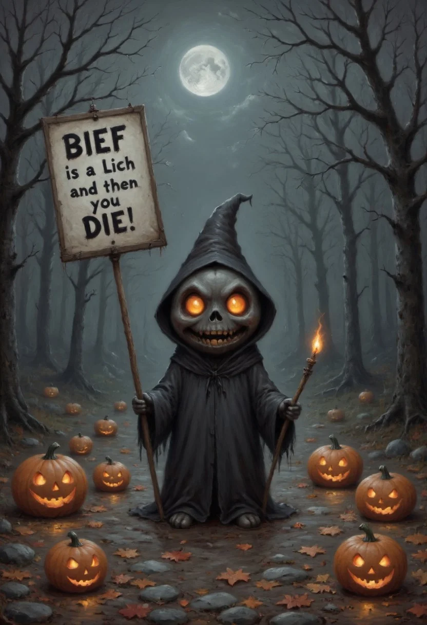 *boo* *spooky* *scary*
A *boo* holding a sign that reads 'Bief is a lich, and then you die!'