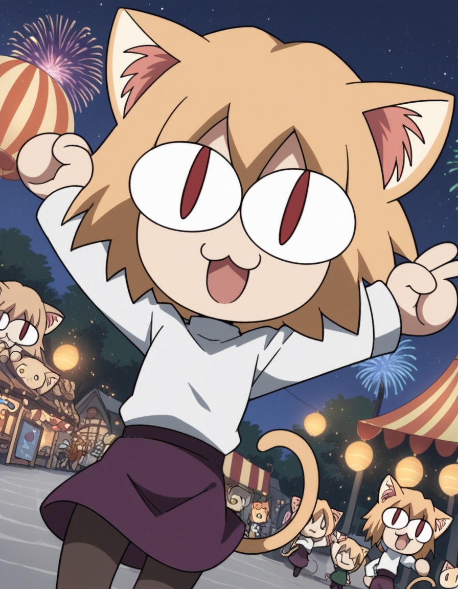 score_9, score_8_up, score_7_up, source_anime, <lora:carnivalphantasm-neco-arc-ova-ponyxl-lora-nochekaiser:1>, neco arc, short hair, blonde hair, red eyes, animal ears, tail, cat ears, chibi, cat tail, slit pupils,, skirt, pantyhose, sweater, purple skirt,, festival, fireworks, summer night, food stall, traditional, arms up,, , , v, v over mouth, smug,, solo,, dutch angle, cowboy shot