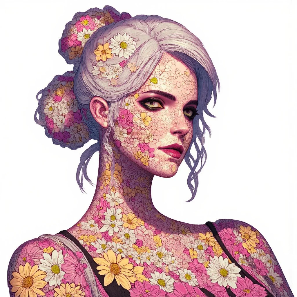 Picture of Ciri in anime style made of flowers, with flower pattern all over the Ciri character, the entire picture is made of various flowers