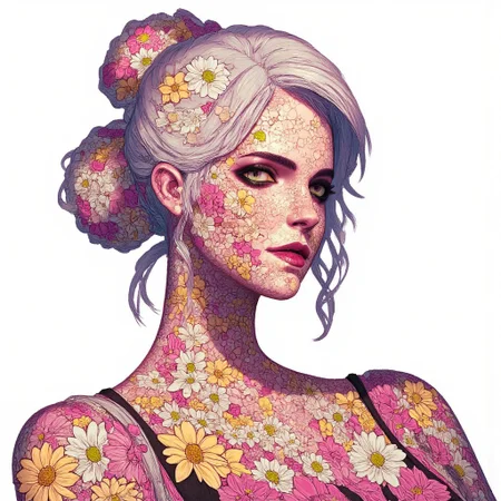 Picture of Ciri in anime style made of flowers, with flower pattern all over the Ciri character, the entire picture is made of various flowers