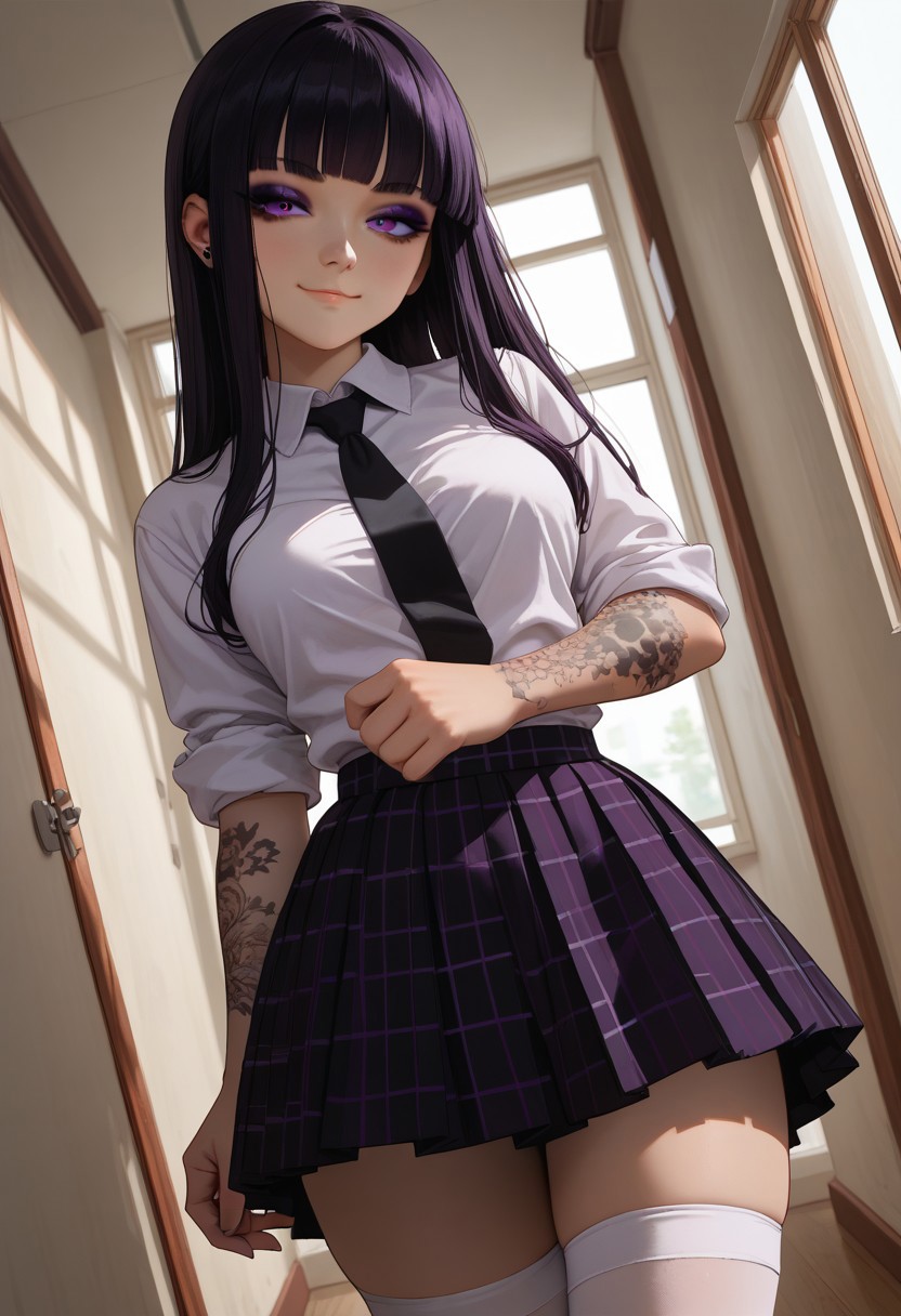(score_9, score_8_up, score_7_up), 1girl, solo, black hair, purple eyes, long hair,  straight bangs,  26 years old, medium breasts, (goth:1.1), ass, eyeshadow,
(white shirt, black tie, checkered pleated skirt, white stockings, thighighs:1.1), checkered skirt,  hime cut,  rolled up sleves, standing, looking out window,
tattoo, tattoo on body, tattoo on arm,
Expressiveh,
fisheye,  (dutch angle, face close-up, face focus :1.1), 
(hallway, indoors:1.1), college,
(smug:1.1),