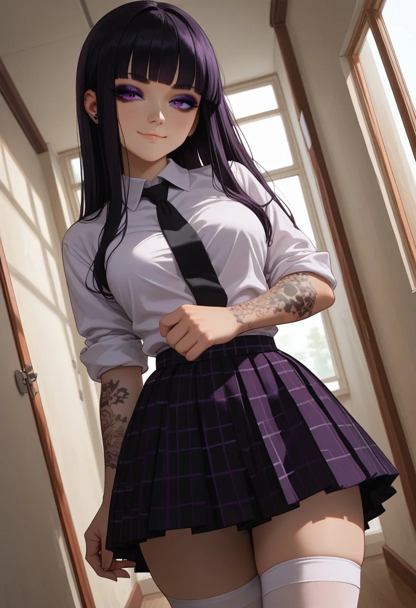 (score_9, score_8_up, score_7_up), 1girl, solo, black hair, purple eyes, long hair,  straight bangs,  26 years old, medium breasts, (goth:1.1), ass, eyeshadow,
(white shirt, black tie, checkered pleated skirt, white stockings, thighighs:1.1), checkered skirt,  hime cut,  rolled up sleves, standing, looking out window,
tattoo, tattoo on body, tattoo on arm,
Expressiveh,
fisheye,  (dutch angle, face close-up, face focus :1.1), 
(hallway, indoors:1.1), college,
(smug:1.1),