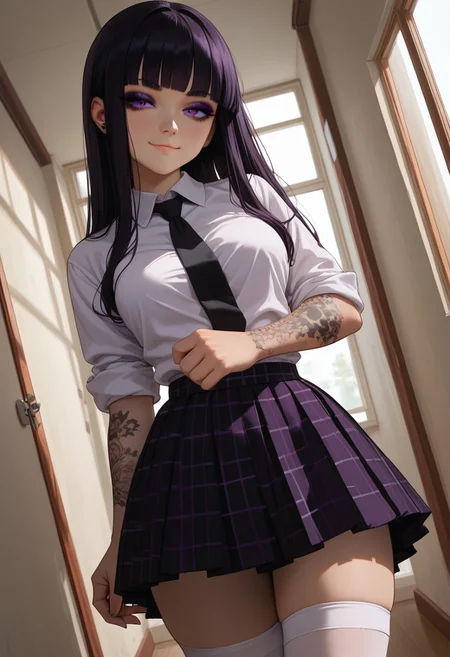 (score_9, score_8_up, score_7_up), 1girl, solo, black hair, purple eyes, long hair, straight bangs, 26 years old, medium breasts, (goth:1.1), ass, eyeshadow,
(white shirt, black tie, checkered pleated skirt, white stockings, thighighs:1.1), checkered skirt, hime cut, rolled up sleves, standing, looking out window,
tattoo, tattoo on body, tattoo on arm,
Expressiveh,
fisheye, (dutch angle, face close-up, face focus :1.1),
(hallway, indoors:1.1), college,
(smug:1.1),