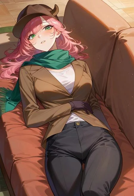 Masterpiece, High quality, OC, Female Adult woman, solo, 1girl, Detective woman, Short pink hair, Green eyes, brown Detective deerstalker hat, Long Brown detective coat, brown Detective deerstalker hat, green scarf, black pants, lying on a couch.