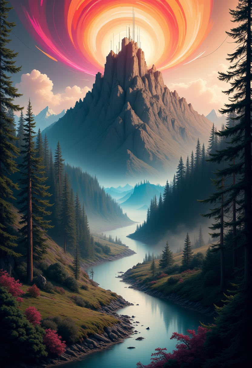 YFG-SpyWorld50s a towering mountain with vivid, swirling colors and a fiery sky, featuring bright oranges, pinks, and blues, a serpentine river winds through lush forests toward the peak, dynamic patterns and bold, intense hues create a sense of motion and energy, conveying a surreal, otherworldly landscape, rich in with intricate textures and vibrant colors. The scene should include a rich variety of elements, each contributing to the overall atmosphere. Lighting should be soft, diffused, and natural, enhancing the depth and realism of the scene. The mood is to be calm yet vibrant, creating a sense of serenity and wonder. Every detail in the scene should be meticulously rendered, emphasizing the contrast between light and shadow, and capturing the fine textures and subtle gradients. The color palette should be carefully chosen to evoke emotion, with each hue enhancing the aesthetic appeal of the overall composition. The final image should be immersive and captivating, drawing the viewer into its intricately detailed world.