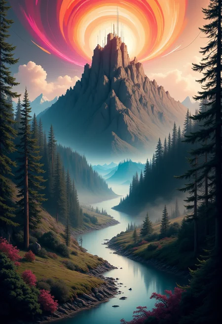 YFG-SpyWorld50s a towering mountain with vivid, swirling colors and a fiery sky, featuring bright oranges, pinks, and blues, a serpentine river winds through lush forests toward the peak, dynamic patterns and bold, intense hues create a sense of motion and energy, conveying a surreal, otherworldly landscape, rich in with intricate textures and vibrant colors. The scene should include a rich variety of elements, each contributing to the overall atmosphere. Lighting should be soft, diffused, and natural, enhancing the depth and realism of the scene. The mood is to be calm yet vibrant, creating a sense of serenity and wonder. Every detail in the scene should be meticulously rendered, emphasizing the contrast between light and shadow, and capturing the fine textures and subtle gradients. The color palette should be carefully chosen to evoke emotion, with each hue enhancing the aesthetic appeal of the overall composition. The final image should be immersive and captivating, drawing the viewer into its intricately detailed world.