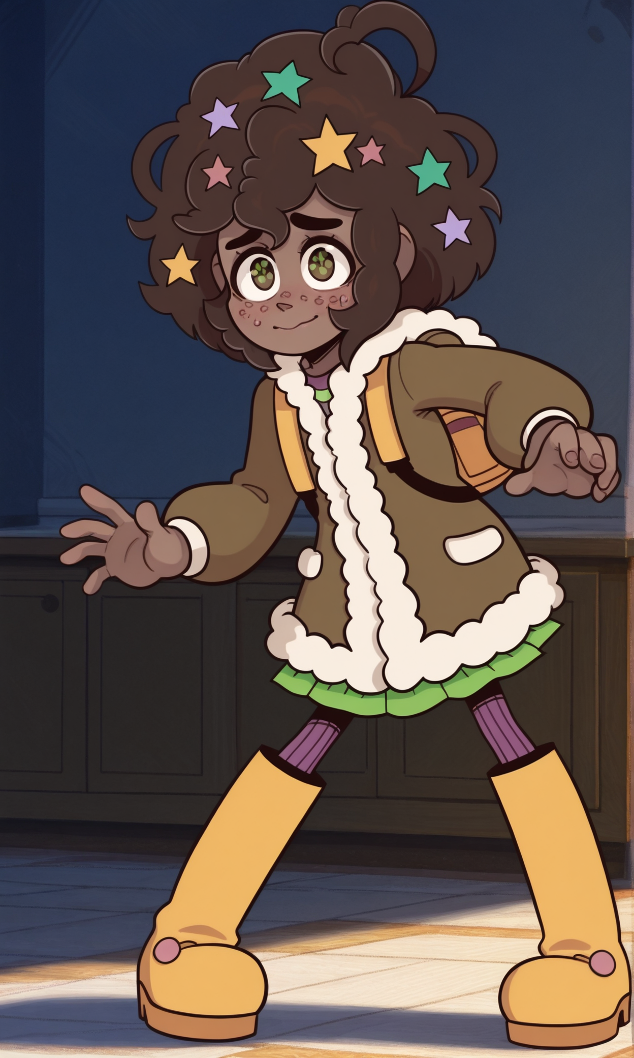 masterpiece, best quality, amazing quality, very aesthetic, high resolution, absurdres, newest, ((young)), ((petite)), Molly Blyndeff, Star hair Ornament, hair ornament, freckles, bear hoodie, fur trim, backpack, yellow boots, 1girl, solo, dark-skinned female, good hands, brown eyes, full body, smile, blushing,  (dynamic angle), dynamic pose, volumetric lighting, (nervous),  <lora:Molly_Blyndeff_Illust:1>