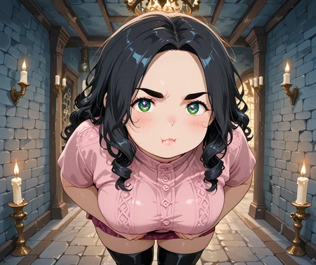IllusP0s, PonyScores7, source_anime, ah1, IllustriousQual, interesting, exciting, spectacular, wonderful, amazing quality, absolutely eye-catching, very awa,
BREAK <lora:xl_more_art-full_v1:0.2>, <lora:aesthetic_anime_v1s:0.2>, <lora:detailxl:0.2>, detailxl, amazing quality, best aesthetic, absurdres, illustration, Volumetric_Lighting, ultra-detailed, very aesthetic, intricate details, best_quality, lazympos, <lora:Add_Details_v1.2:0.4>, <lora:quality_modifiers_masterpieces_v1:0.2>, anime style, <lora:HDA_Detailer:0.3>, <lora:natsumi_style:0.2>, <lora:by_usakun-pony:0.2>, by usakun, <lora:Akina_Bbw_Style_-_PonyXL:0.2>, AkinBw,
BREAK (((squeezing))), dynamic pose,
BREAK 1girl, mature female, (curvy), round-chin, caucasian, <lora:ETO_OC_Illustrius:0.5>, eto_oc, skindentation, (plump), thick thighs, wide hips, busty, voluptuous, round ass, large breasts, <lora:plussizegirls_IL:0.3>, <lora:plussizegirls_pony:0.3>, <lora:shinyskin2:0.2>, glistening skin, HDA_FatGirlXL, <lora:perfection style:0.2>, perfection style, perfection, 
BREAK ((fuchsia pink mesh mini skirt with a matching top paired with black thigh-high boots)),
BREAK (curly hair), long hair, (black hair:1.4), (parted hair:1.7), messy hair, kinky curls, detailed hair, <lora:hairdetailpxl:0.2>, hairdetailpxl,
BREAK (half green and brown eyes), (colorful eyes), (multicolored eyes), (downturned eyes:1.4), expressive eyes, perfect eyes, eyes hd, detailed eyes, (round face:1.2), (thick eyebrows:1.3), (plump face), lips, <lora:Round_face:0.2>, iris lines, <lora:Detailed eyes-Illustrious:0.3>, iris and pupil, soft shimmer on the iris,
BREAK (((Pout expression))), Expressive, emotional, looking at viewer, Face Detailed, <lora:Expressive_H:0.2>, Expressiveh, <lora:Emotional_Anime_Expressions_PonyXL_Concept:0.2>, <lora:Best_Facial_Expression_LoRA_PONY:0.2>, looking at viewer, <lora:Detailed expressive EXEV style -XL Pony V1.0:0.2>, FaceDetail, <lora:Best_Facial_Expression_Helper_XTREME_ILLU:0.4>, kaogei,
BREAK (((a grand castle hall, with high ceilings, stone walls, tapestries, candle chandeliers illuminating the room))), (((Backlit Perspective shot))), 4k, 8k, Ultra HD, Masterpiece, Best quality, Detailed background, foreshortening, extreme perspective, full_details, <lora:AddMicroDetails_Illustrious_v4:0.3>, addmicrodetails,