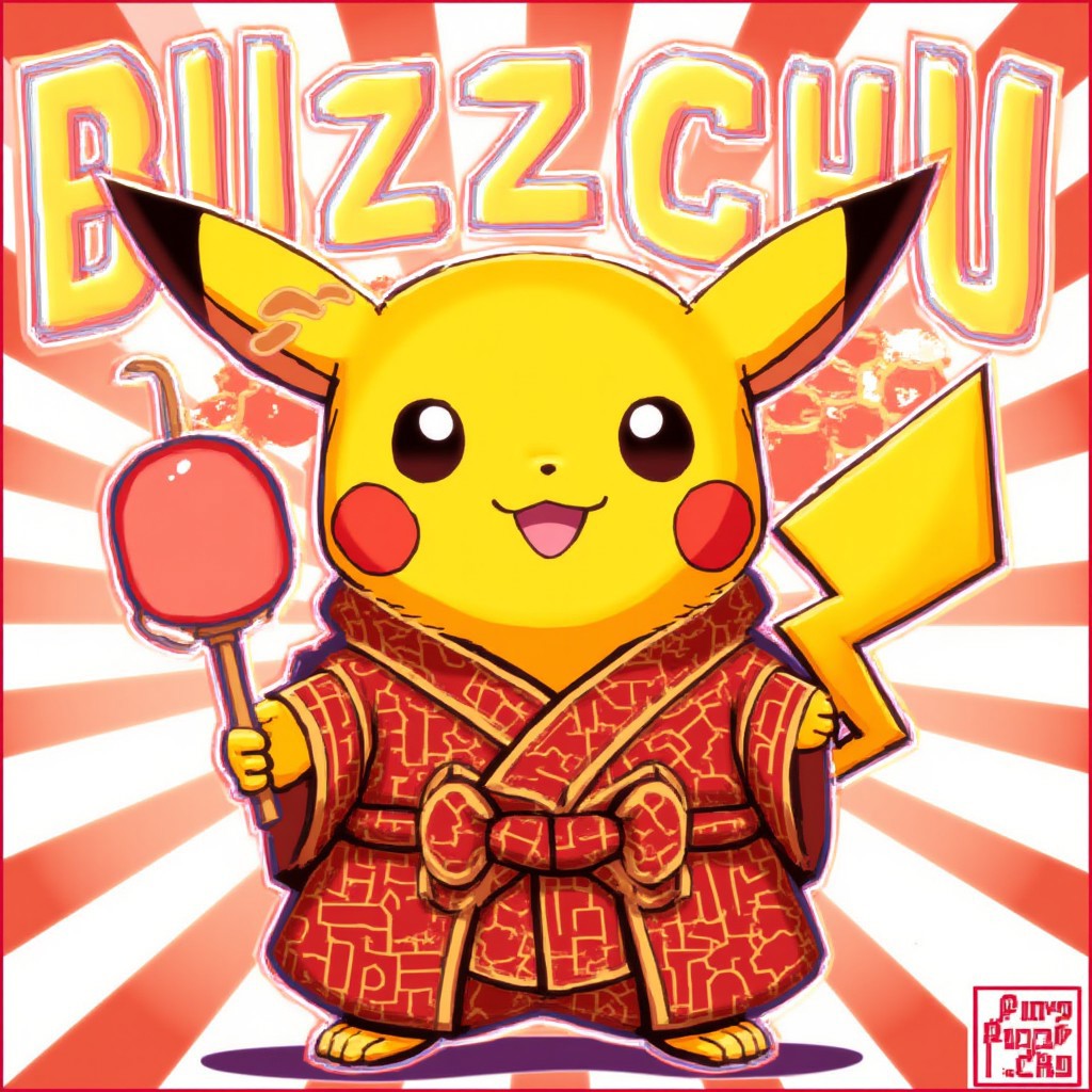 etv mix font, pikachu wearing kimono.
the text reads "BUZZCHU".
striped backdrop