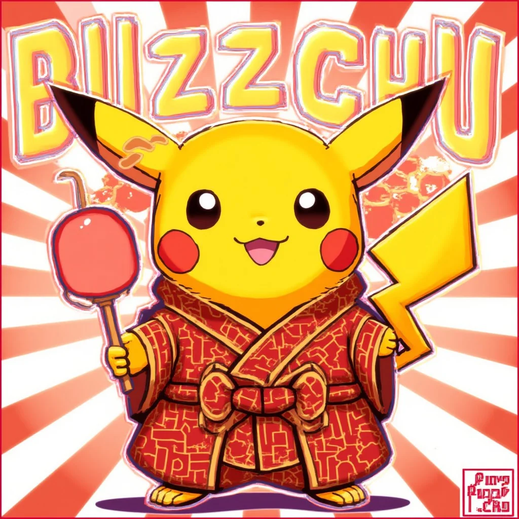 etv mix font, pikachu wearing kimono.
the text reads "BUZZCHU".
striped backdrop