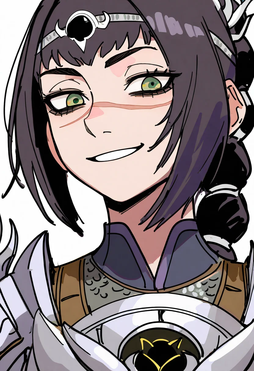 best quality, amazing quality, very aesthetic, absurdres,
1girl, solo, shadowheart, black hair, braided ponytail, green eyes, scar on face, circlet, armor,
horny smile, looking at viewer, upper body, (simple background, white background:1.3), <lora:ShadowHeartIllustrious_byKonan:0.8>,   <lora:DoodleNoob_byKonanV2:1>