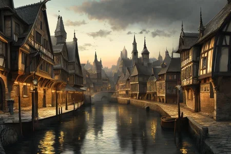 RAW photo, (masterpiece:1.3), subsurface scattering, heavy shadow, (high quality:1.4), (intricate, high detail:1.2), professional photography, HDR, High Dynamic Range, realistic, ultra realistic, photorealistic, high resolution, film photography, ambient lighting, atmospheric effects, <lora:detail_slider_v4:2>, OverallDetail,  <lora:Laketown:1>, ridge, building, town, cloud, fantasy, laketown, no humans, scenery,  sky, stairs, water, watercraft