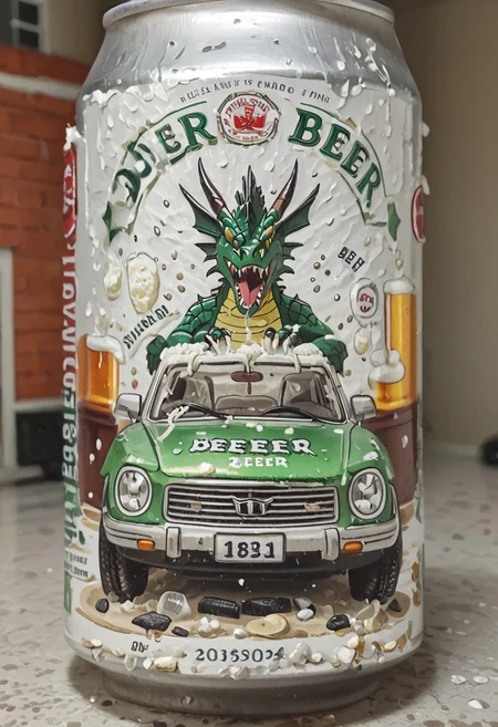 beerlabel, crushed beer can, (dragon_car), solo