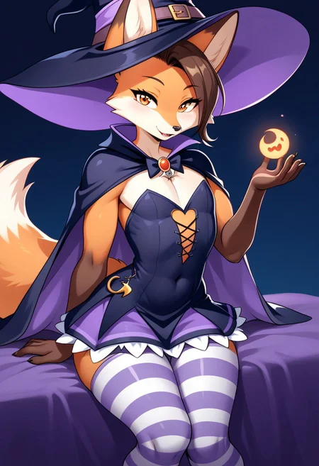 score_9, score_8_up, score_7_up, source_cartoon, 
Solo, one cute fox, male, girly body, posing seductively, (witch costume, short witch dress, ora ge striped leggings, anthropomorphic fox:1.4), on a bed, simple background, (dynamic view:1.2), SomSom Style, easynegative, negative_hand, muscle_mommy