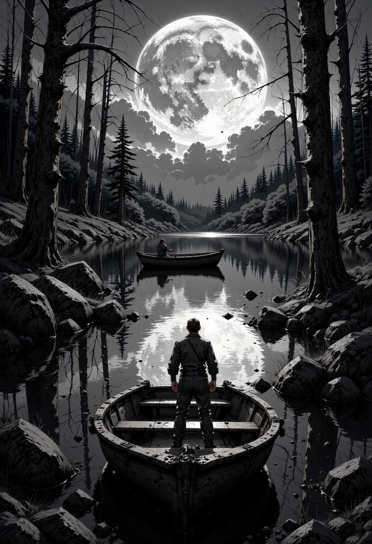 MysticComic, In the hauntingly beautiful monochromatic landscape, a majestic full moon hangs low in the sky, casting an ethereal glow on the serene waters. The silvery light dances across the ripples, creating a mesmerizing pattern of light and shadow. In the foreground, a weathered wooden boat, its hull worn by time and water, lies gently afloat on the tranquil lake. A solitary figure, shrouded in darkness, stands at the bow, gazing out into the misty distance.  The surrounding trees, their branches twisted and gnarled with age, stand like sentinels, their reflections rippling on the water's surface. The air is heavy with the scent of damp earth and decaying vegetation. In the distance, a second boat, similar to the first, glides silently across the lake, its occupants invisible in the darkness.  The style of this image is reminiscent of the romanticism of the 19th century, with its emphasis on the sublime and the mysterious. The camera angle is low, looking up at the moon and the trees, creating a sense of awe and reverence. The lighting is soft and diffused, with deep shadows that add to the sense of mystery and foreboding.<lora:CustomFlux/MysticComic-v2.safetensors:1.0:1.0>