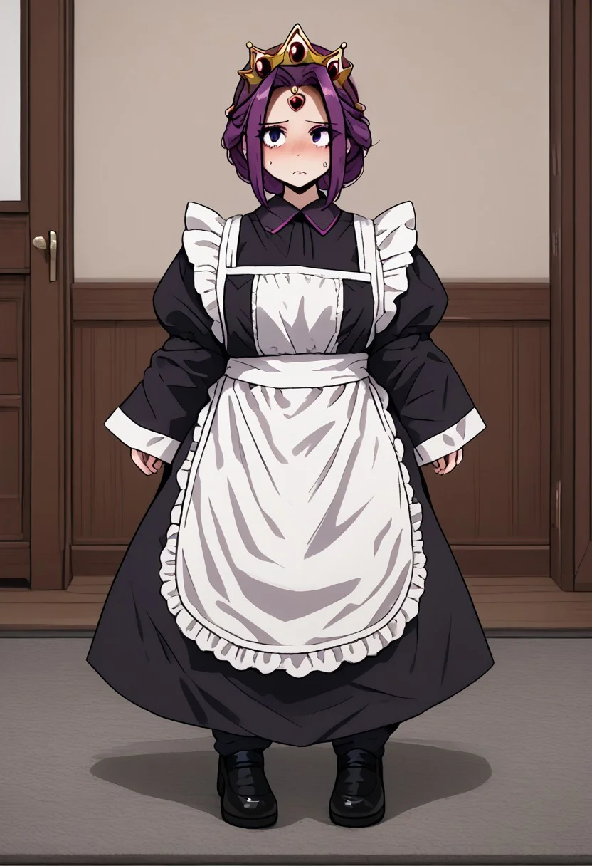MIRELLIA Q MELROMARC, CROWN, TIARA, maid, full body, ShrinkingConcept, shrinkingclothing, oversized clothes, shrinking, full body, child, small