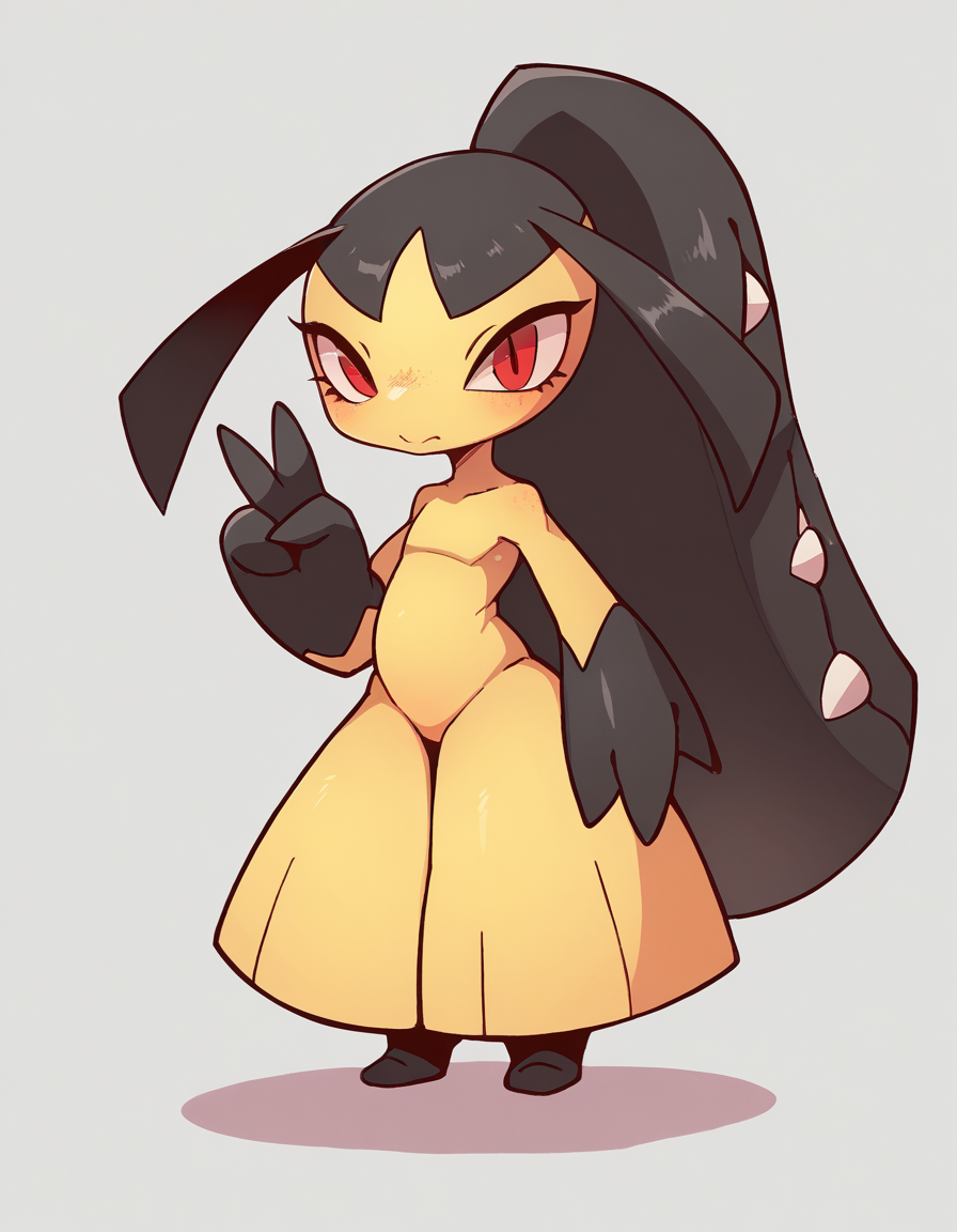 zPDXL, score_9, score_8_up, score_7_up, source_anime, 1girl, solo, 
<lora:Mawile_v2:0.8> mawile, pokemon \(creature\), red eyes, colored skin, extra mouth, multicolored skin, yellow skin, two-tone skin, black skin, ponytail, v, peace sign, <lora:diives_v2:0.8> diives