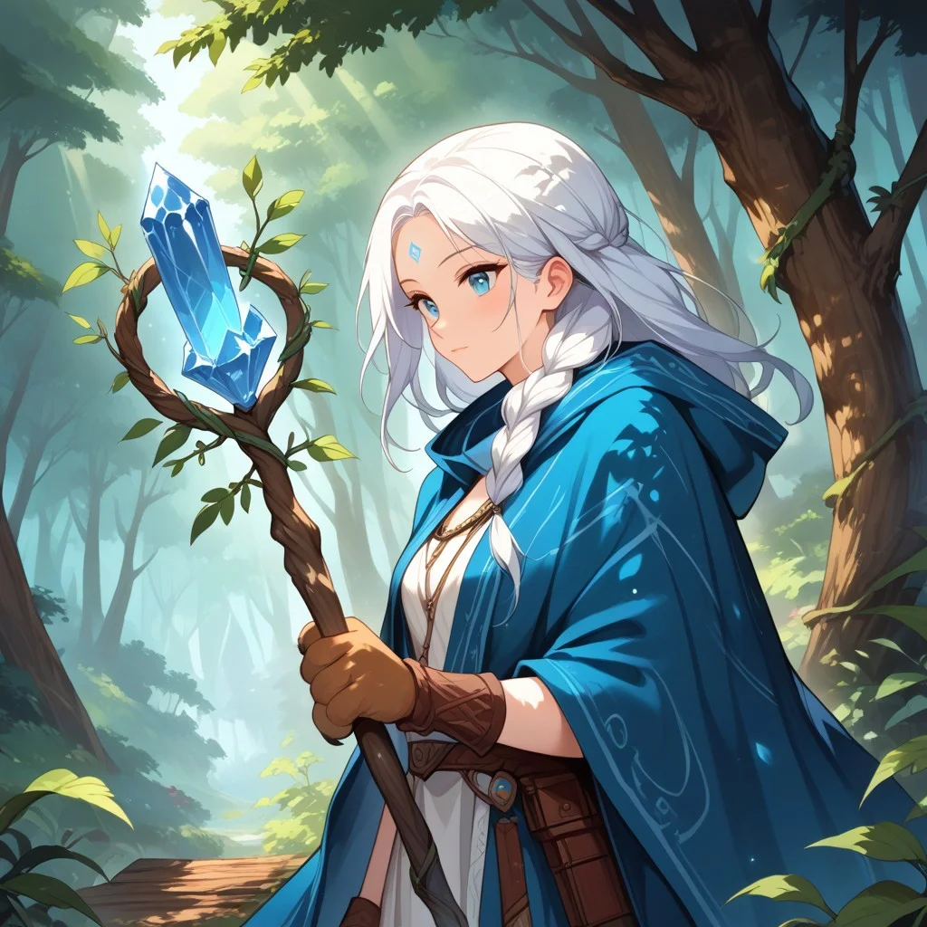score_9, score_8_up, score_7_up, score_6_up, 1girl (,1girl,animal hands a misty forest, long white hair with intricate braids and leaves woven in, , subtle blue rune on forehead, wearing earthy green and brown robes made of natural materials, leather accents and bark-like armor pieces, flowing cloak of woven vines and leaves, holding a gnarled wooden staff topped with a glowing blue crystal, wisps of natural magic swirling around, forest animals nearby, dappled sunlight through trees, atmospheric, cinematic, 8k resolution,FeliciaSDXL