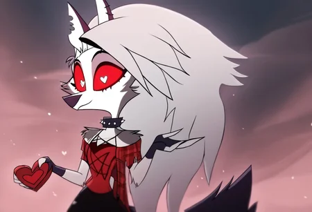 Loona \(Helluva Boss\), anthro, fingerless gloves, GREY HAIR, SILVER EYES, RED SCLERA, SPIKED COLLAR, PIERCED EYEBROW, CROP TOP, MICRO SHORTS,  heart floating, heart-shaped pupils, aroused, heart eyes, cupid arrow, Valentine's day themed, PENTAGRAM DRESS, PLAID VEST, TANK TOP, MINISKIRT, OFF SHOULDER SWEATSHIRT, LEGGINGS